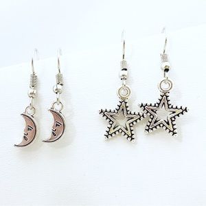 Earrings Stars and Crescent Moons Boho Nautical Goth Fairy Celestial 2 Pack
